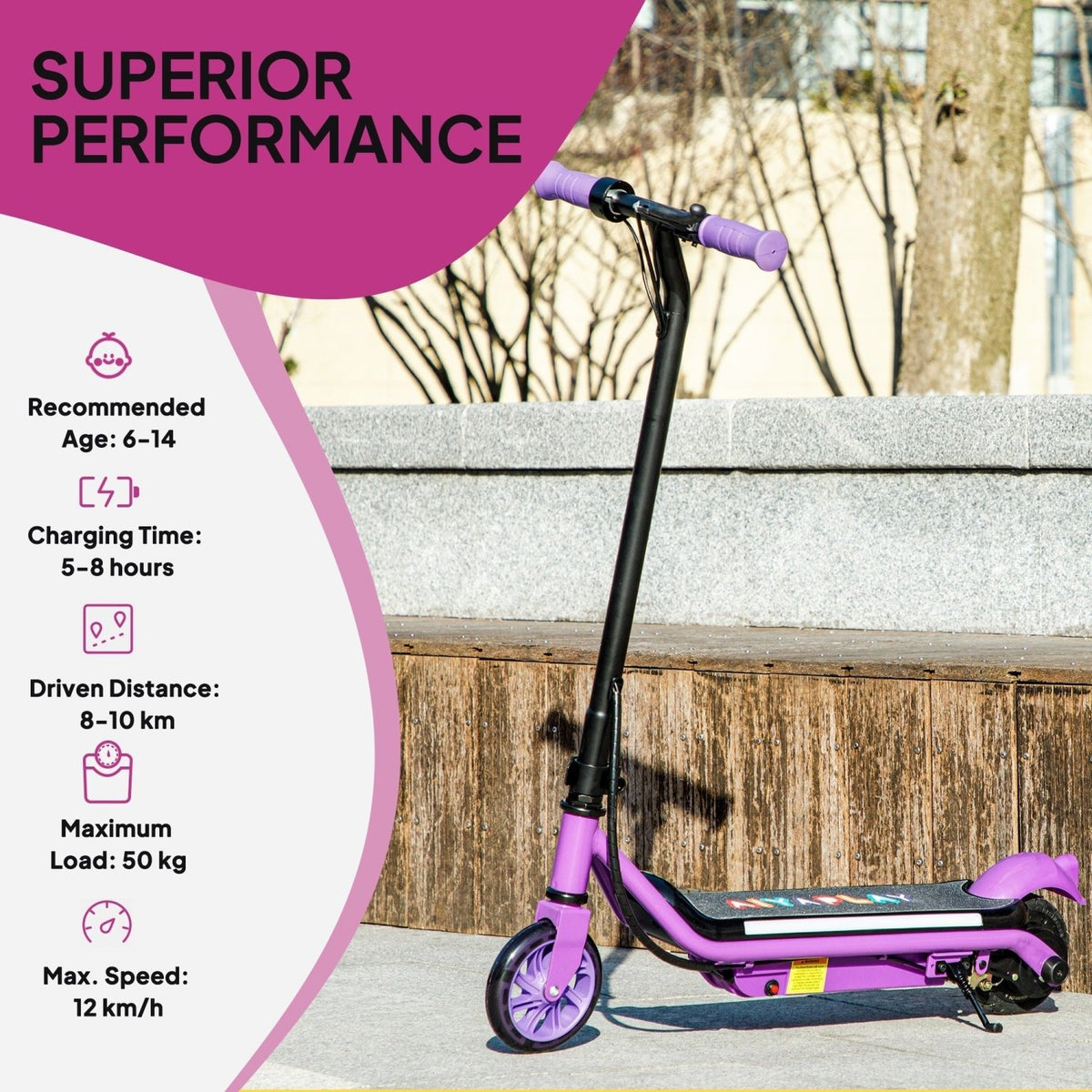 AIYAPLAY Electric Scooter for Kids Ages 6-14, with Dual Brakes, Flash Wheel and Colourful Light, Kids Electric Scooter E Scooter, Up to 12 KM/H & 10 KM, Purple - SGP Garden Ltd