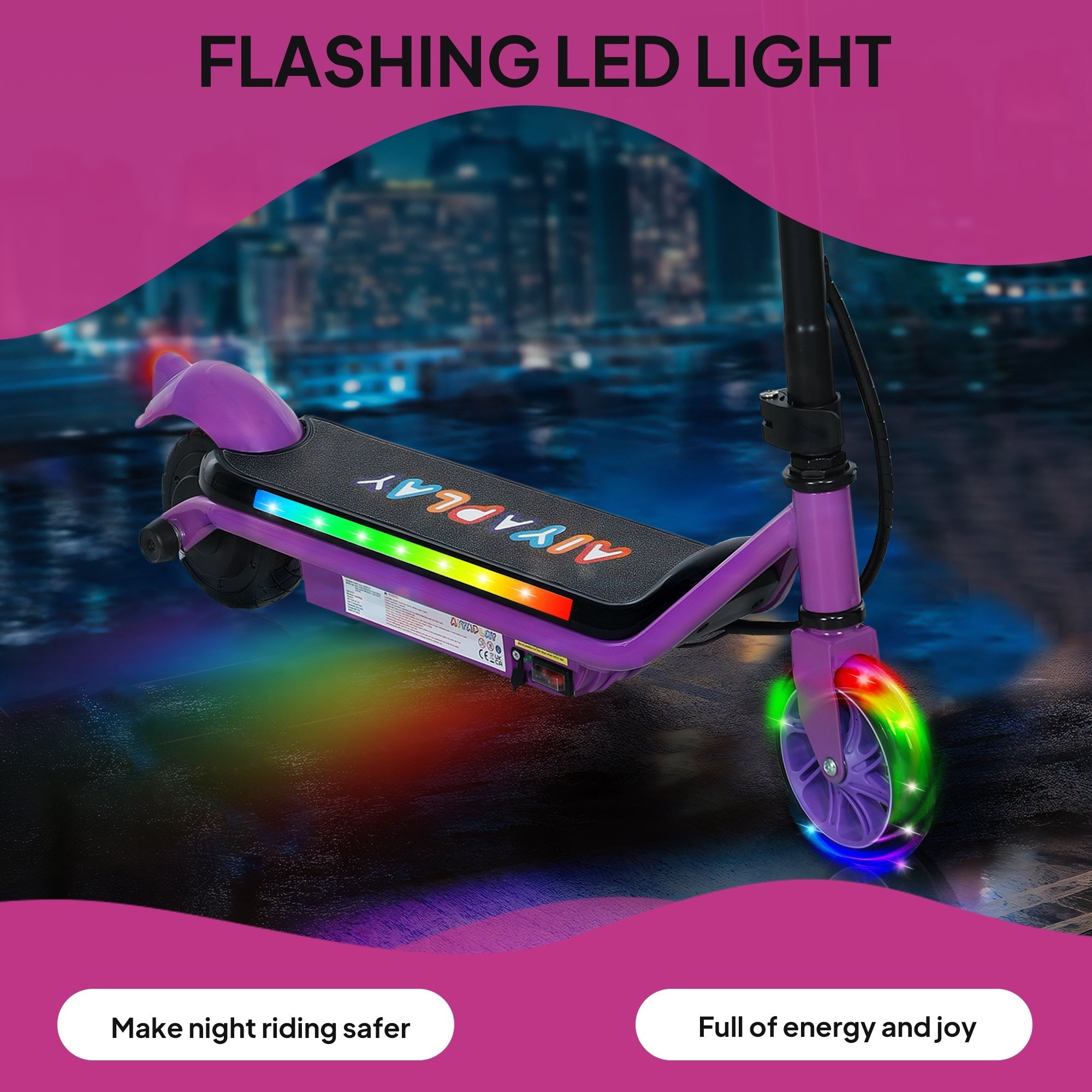 AIYAPLAY Electric Scooter for Kids Ages 6-14, with Dual Brakes, Flash Wheel and Colourful Light, Kids Electric Scooter E Scooter, Up to 12 KM/H & 10 KM, Purple - SGP Garden Ltd