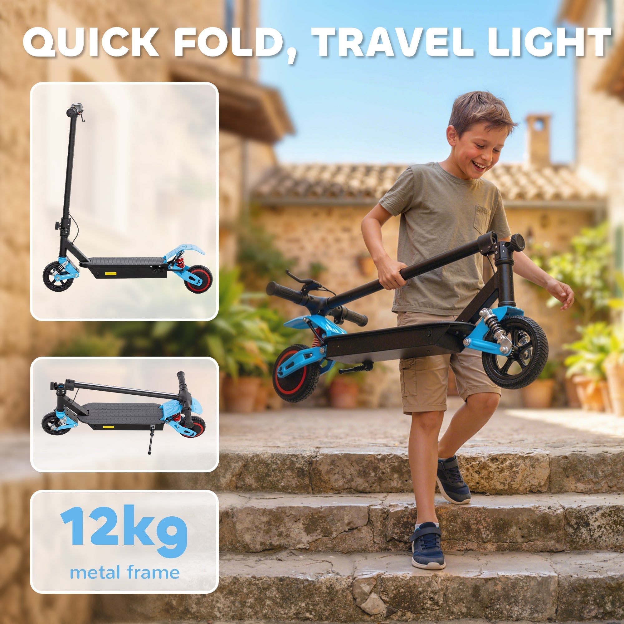 AIYAPLAY Foldable Kids Electric Scooter with LCD Display, Dual Shock Absorption, Up to 15 KM/H, Max Range 6 KM for Age 6-14, Blue - SGP Garden Ltd