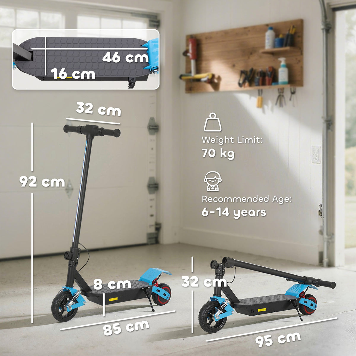 AIYAPLAY Foldable Kids Electric Scooter with LCD Display, Dual Shock Absorption, Up to 15 KM/H, Max Range 6 KM for Age 6-14, Blue - SGP Garden Ltd