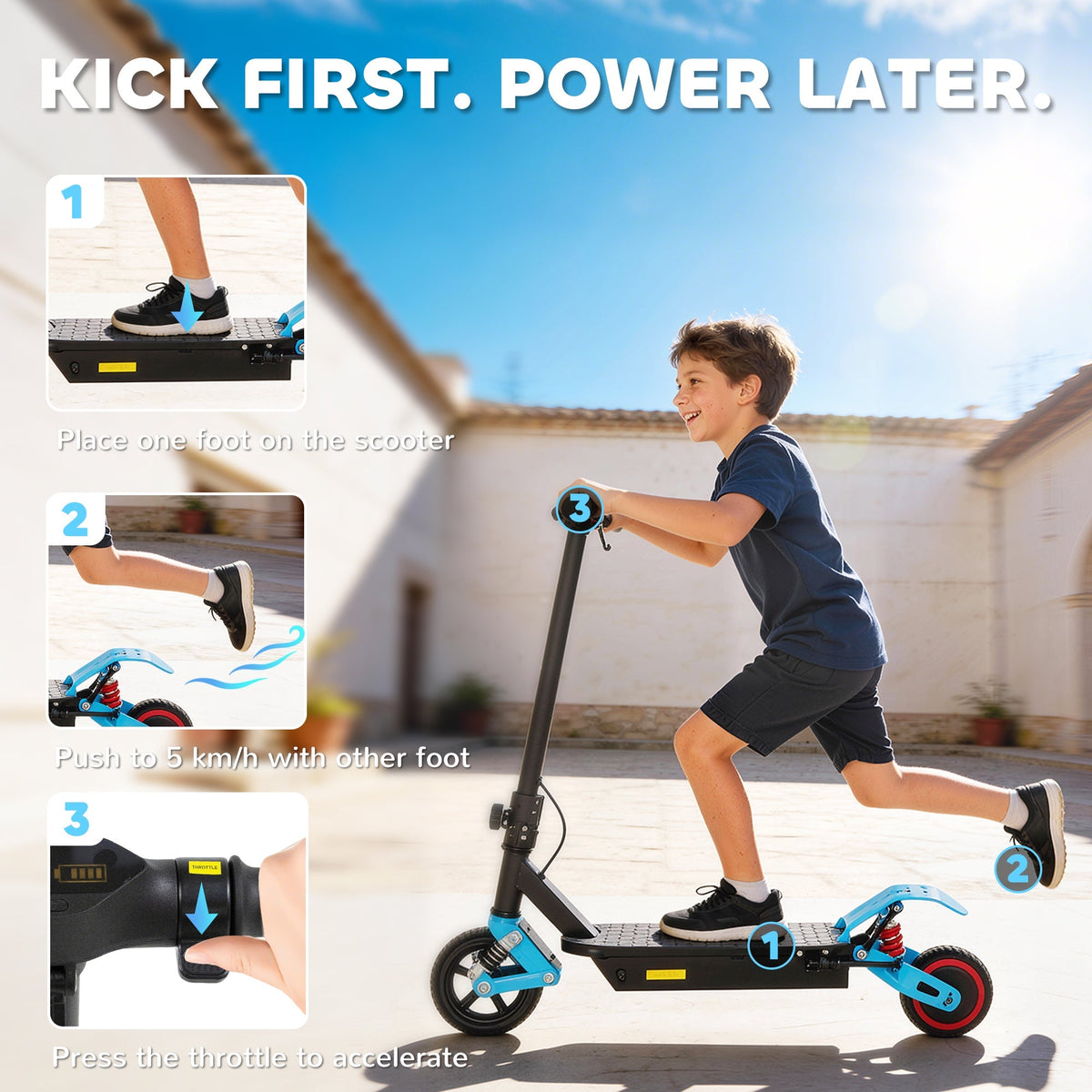 AIYAPLAY Foldable Kids Electric Scooter with LCD Display, Dual Shock Absorption, Up to 15 KM/H, Max Range 6 KM for Age 6-14, Blue - SGP Garden Ltd