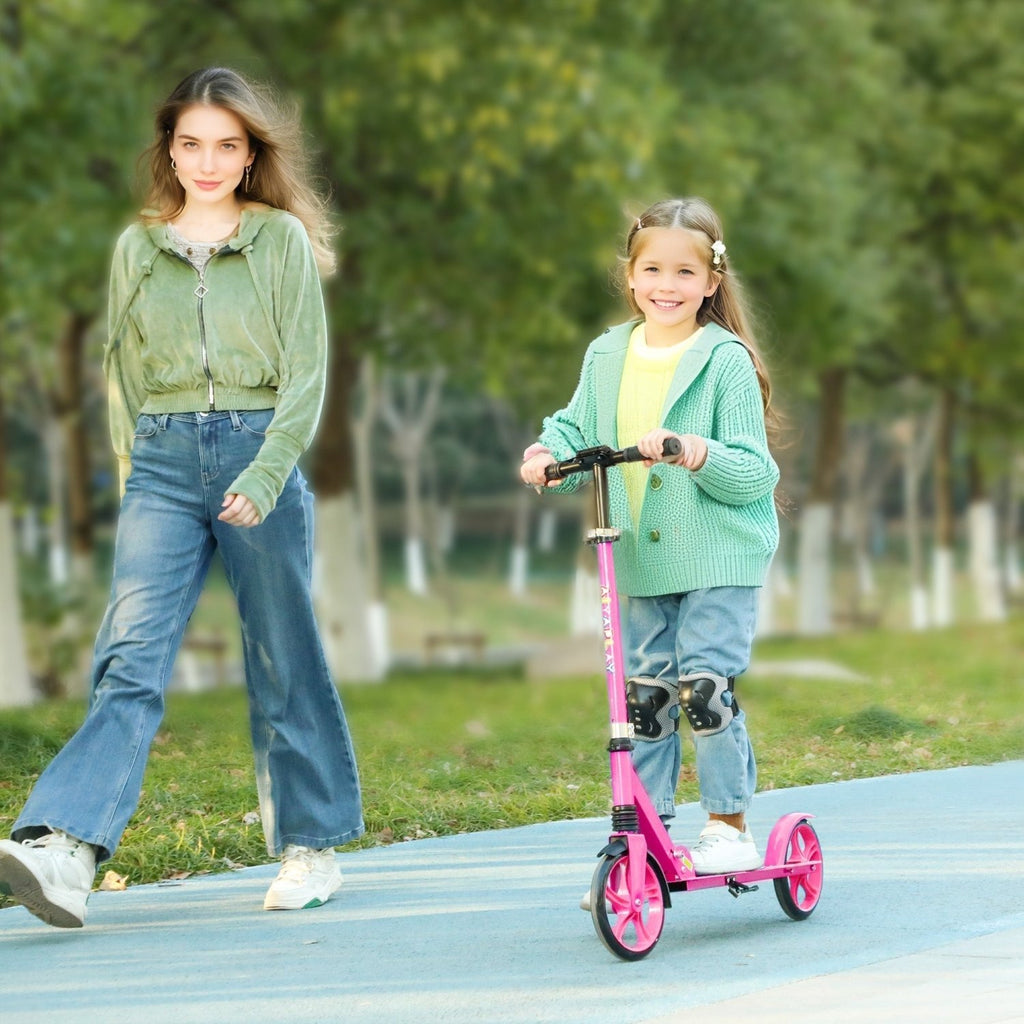 AIYAPLAY Foldable Kids Scooter with Adjustable Handlebar, 200mm Big Wheel, Rear Fender Brake, Gift for Ages 6-12 Years, Pink - SGP Garden Ltd