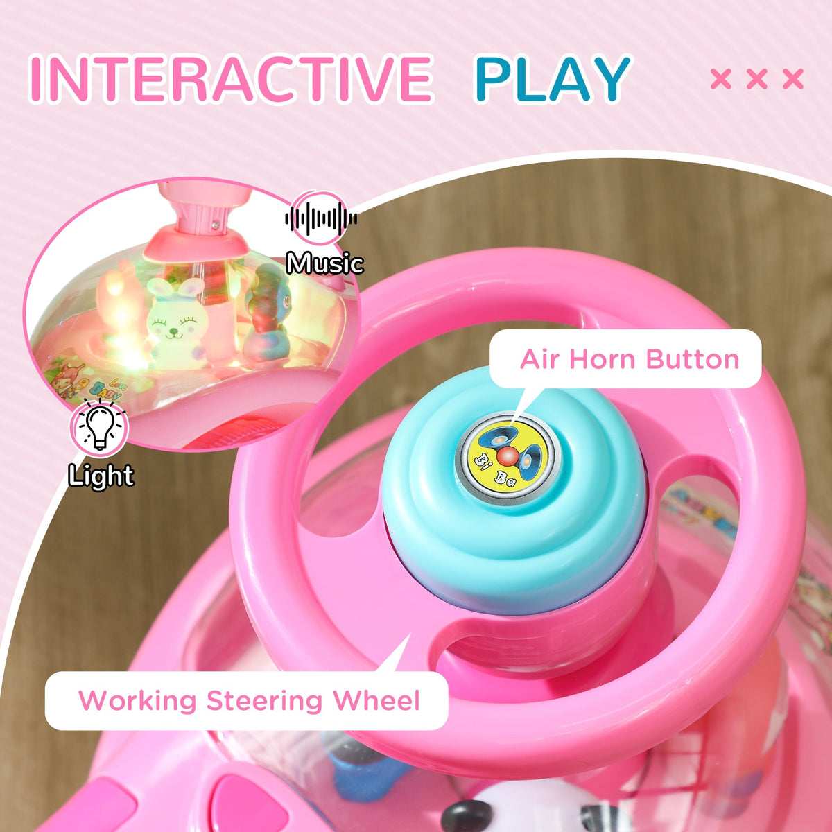 AIYAPLAY Foot to Floor oddler Ride on Toy w/ Music, Light, Horn, Under Seat Storage, Anti-Over-Backwards Device, Pink - SGP Garden Ltd