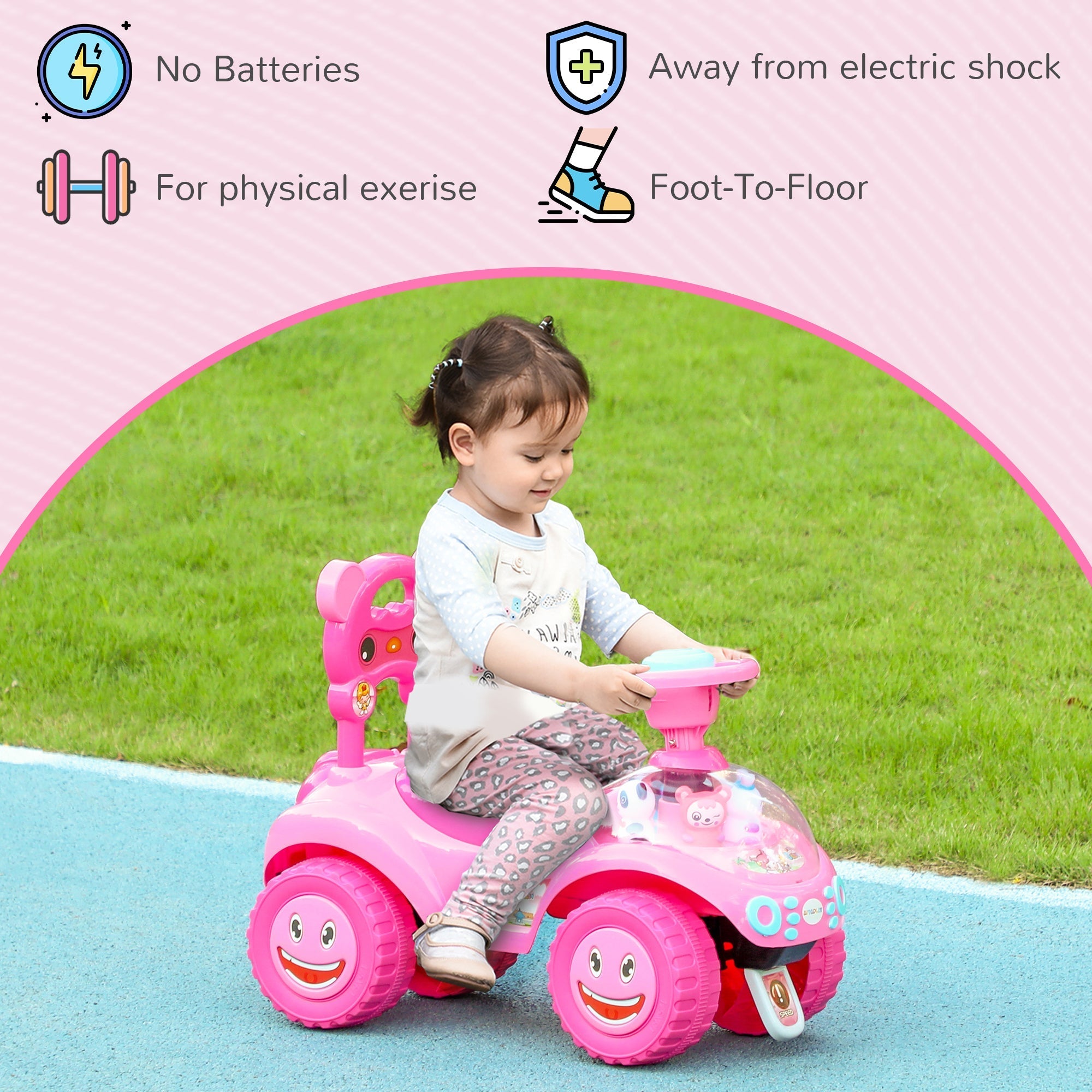 AIYAPLAY Foot to Floor oddler Ride on Toy w/ Music, Light, Horn, Under Seat Storage, Anti-Over-Backwards Device, Pink - SGP Garden Ltd