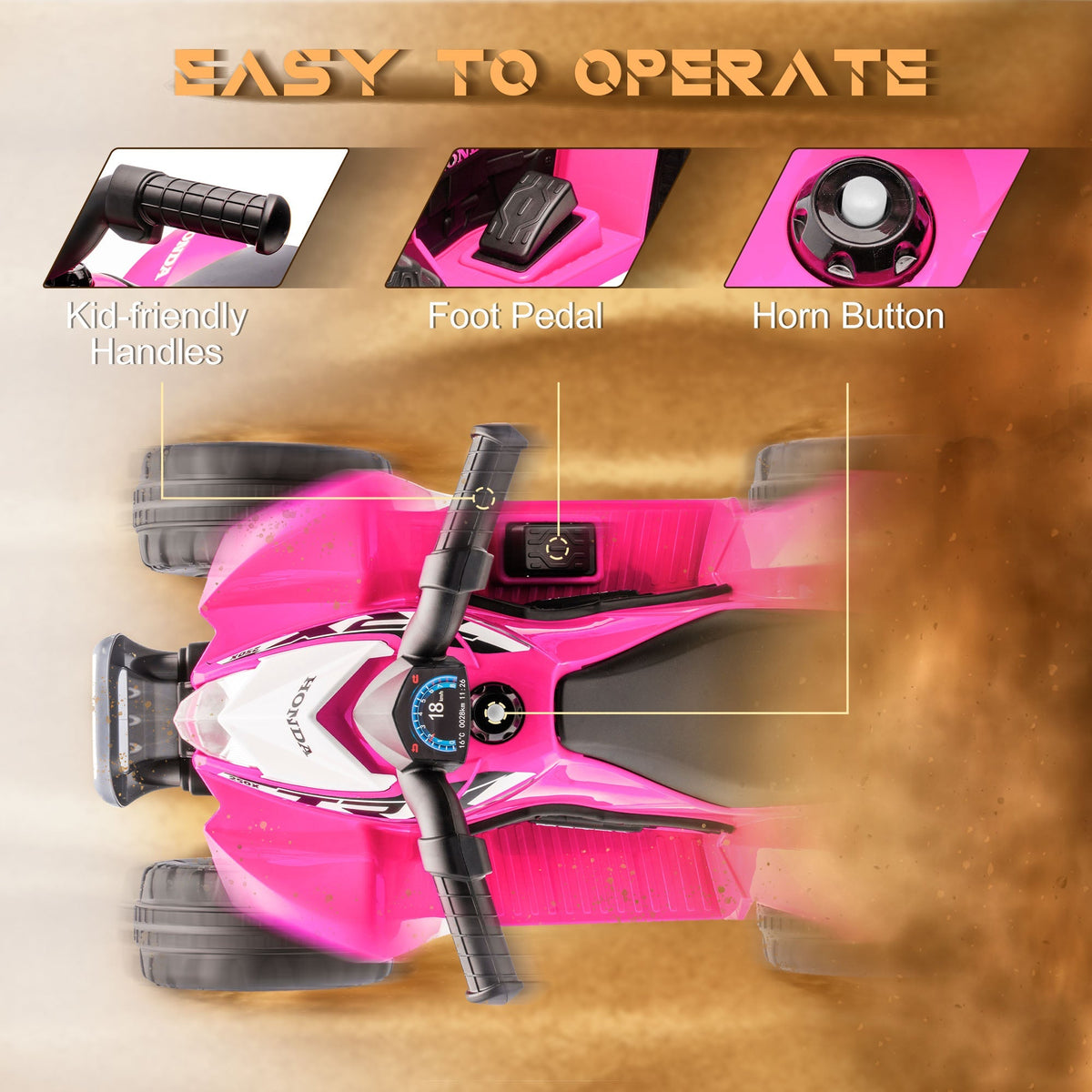 AIYAPLAY Honda Licensed Kids Electric Quad Bike, 6V ATV Ride On for Ages 1.5-3 Years, Pink - SGP Garden Ltd