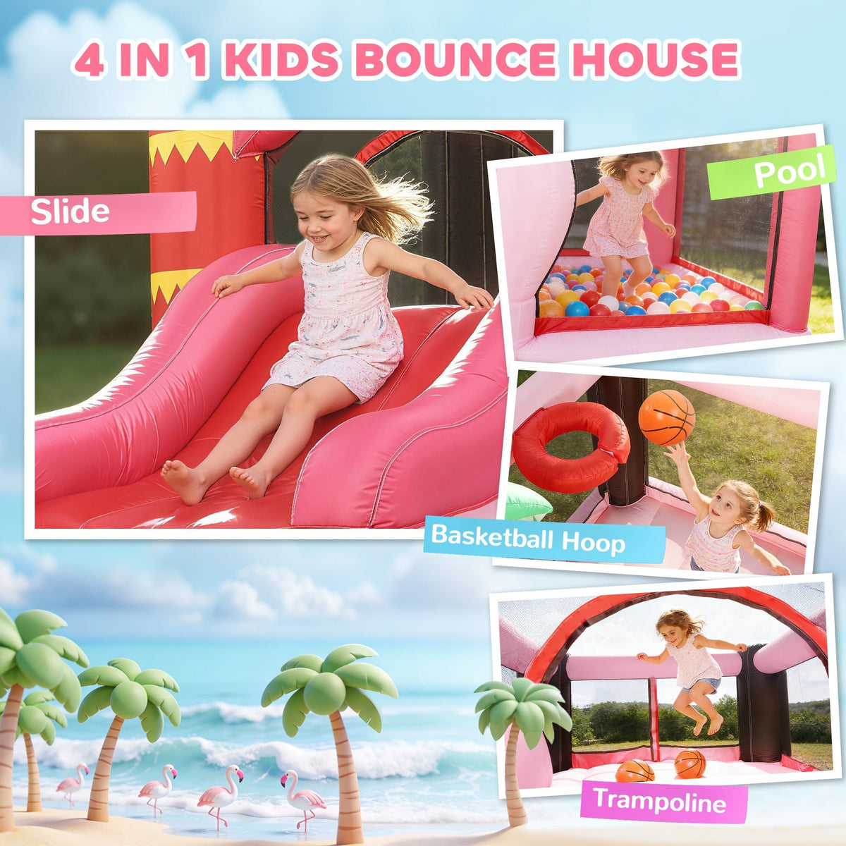 AIYAPLAY Inflatable Bounce House for Kids with Slide, Ball Pit, Basketball Hoop and Blower for Indoor Outdoor Garden, Pink - SGP Garden Ltd