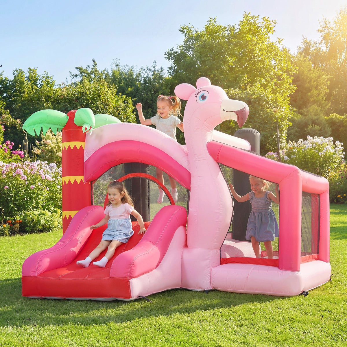AIYAPLAY Inflatable Bounce House for Kids with Slide, Ball Pit, Basketball Hoop and Blower for Indoor Outdoor Garden, Pink - SGP Garden Ltd