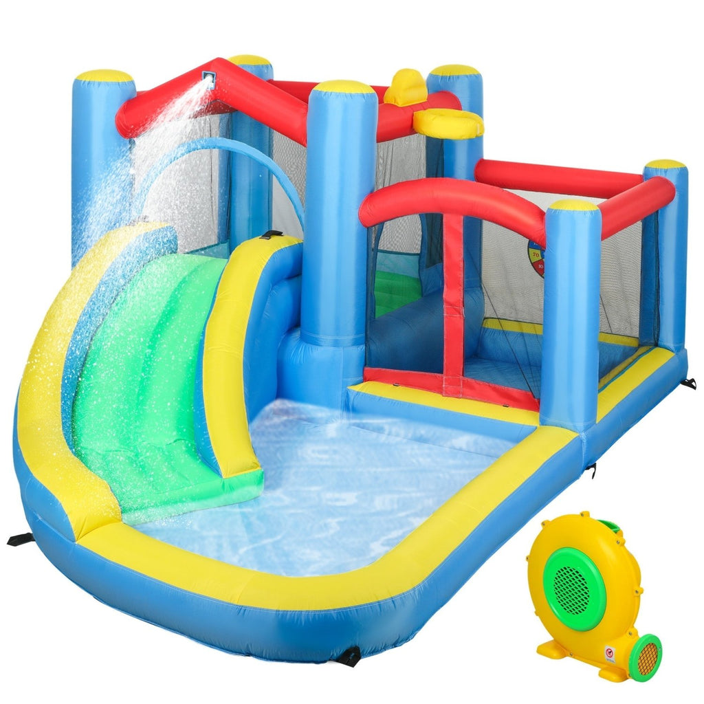 AIYAPLAY Inflatable Bouncy Castle with 550W Blower, Basketball Hoop, Long Slide, Dart Board, Carrying Bag, 385 x 290 x 180 cm - SGP Garden Ltd