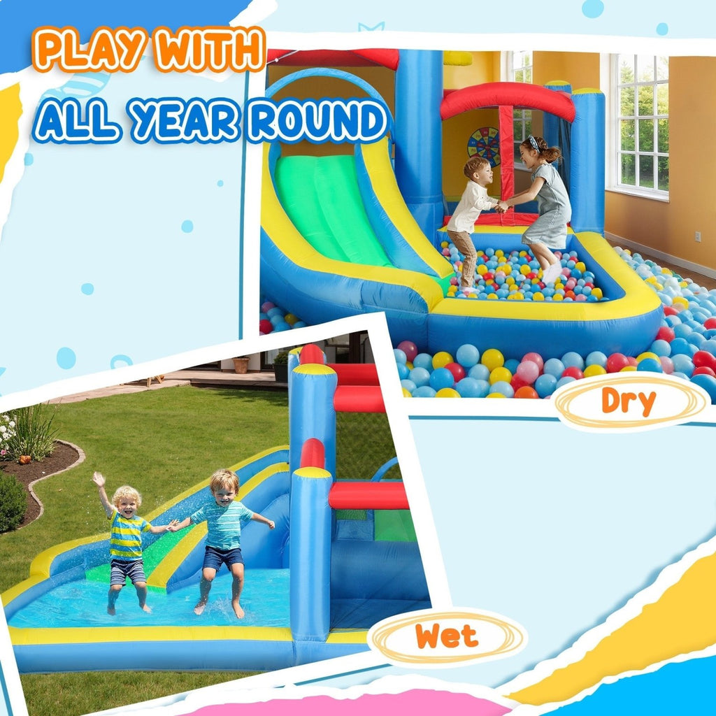 AIYAPLAY Inflatable Bouncy Castle with 550W Blower, Basketball Hoop, Long Slide, Dart Board, Carrying Bag, 385 x 290 x 180 cm - SGP Garden Ltd
