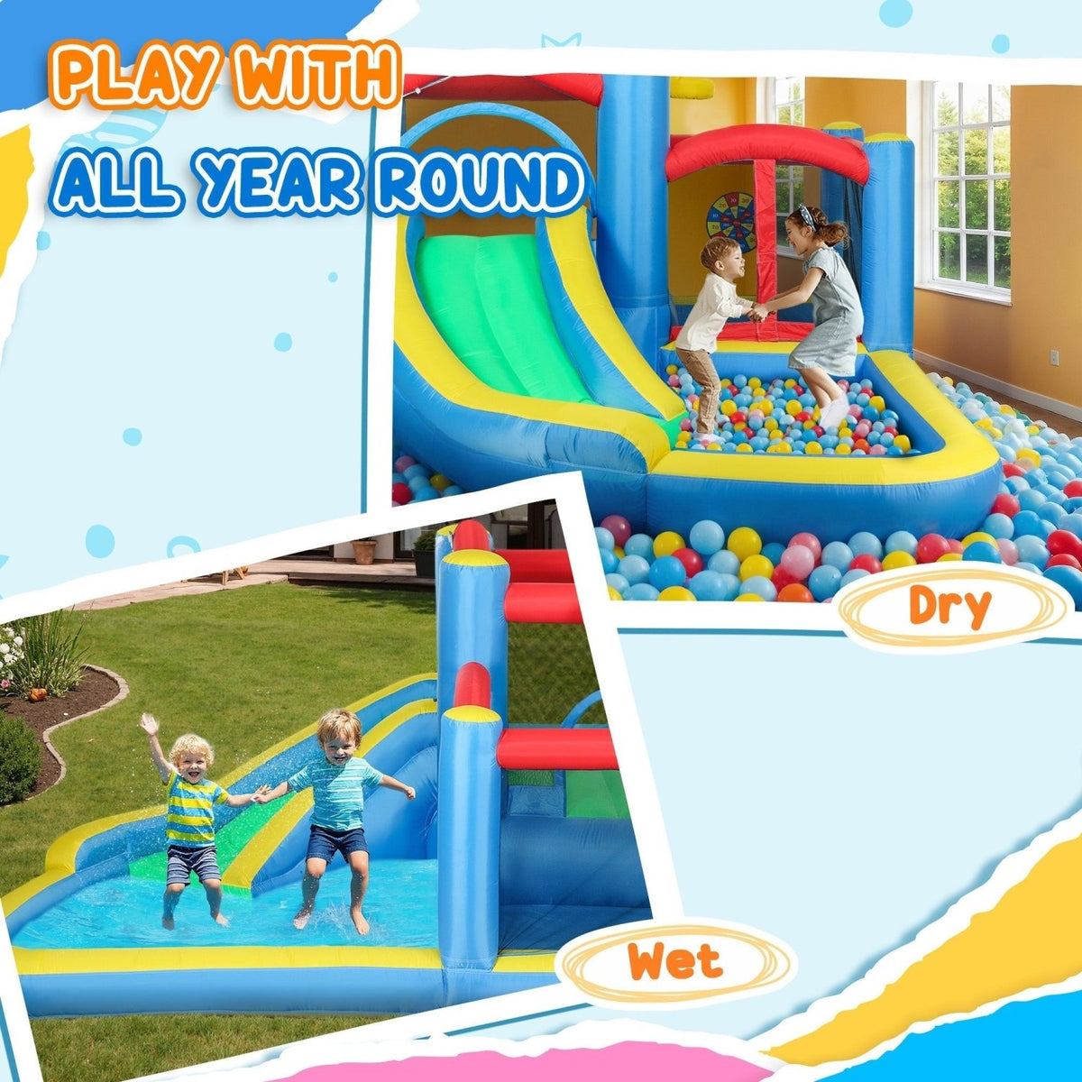 AIYAPLAY Inflatable Bouncy Castle with 550W Blower, Basketball Hoop, Long Slide, Dart Board, Carrying Bag, 385 x 290 x 180 cm - SGP Garden Ltd
