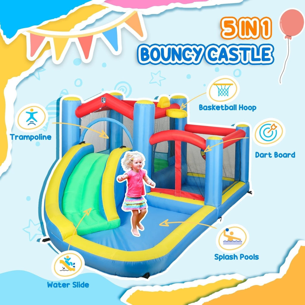 AIYAPLAY Inflatable Bouncy Castle with 550W Blower, Basketball Hoop, Long Slide, Dart Board, Carrying Bag, 385 x 290 x 180 cm - SGP Garden Ltd