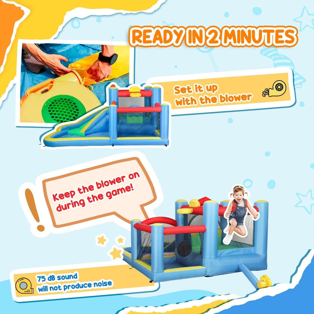 AIYAPLAY Inflatable Bouncy Castle with 550W Blower, Basketball Hoop, Long Slide, Dart Board, Carrying Bag, 385 x 290 x 180 cm - SGP Garden Ltd