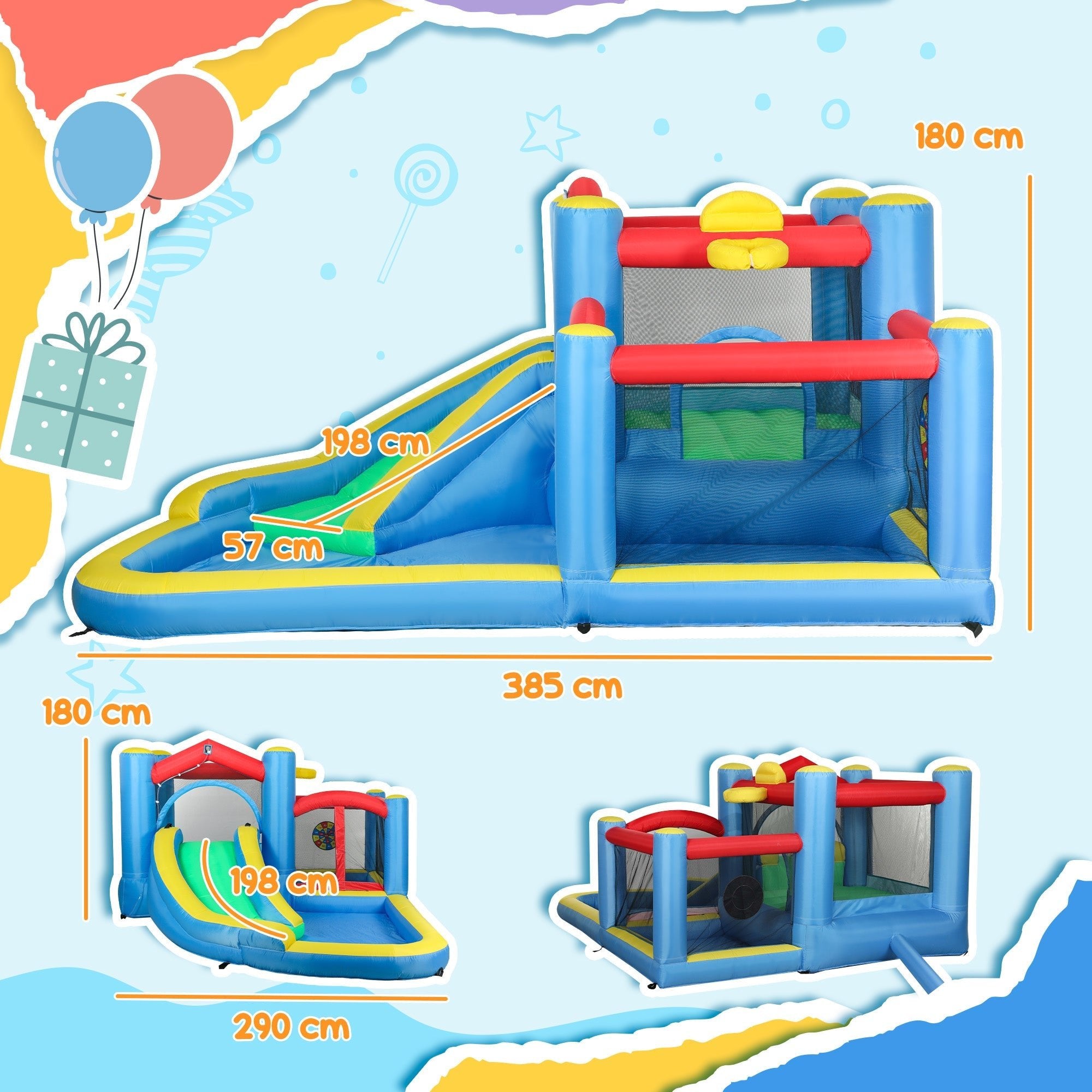 AIYAPLAY Inflatable Bouncy Castle with 550W Blower, Basketball Hoop, Long Slide, Dart Board, Carrying Bag, 385 x 290 x 180 cm - SGP Garden Ltd