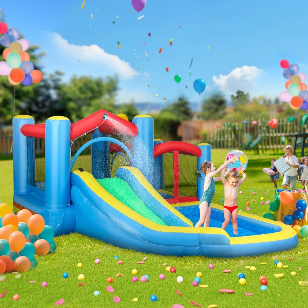 AIYAPLAY Inflatable Bouncy Castle with 550W Blower, Basketball Hoop, Long Slide, Dart Board, Carrying Bag, 385 x 290 x 180 cm - SGP Garden Ltd