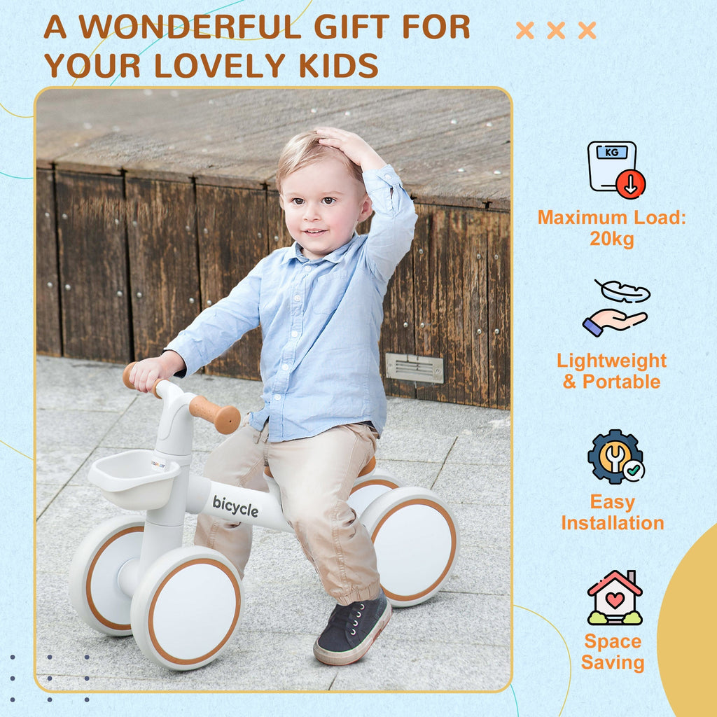 AIYAPLAY Kids Balance Bike for 1-3 Years Old with Adjustable Seat, Silent Wheels, White - SGP Garden Ltd