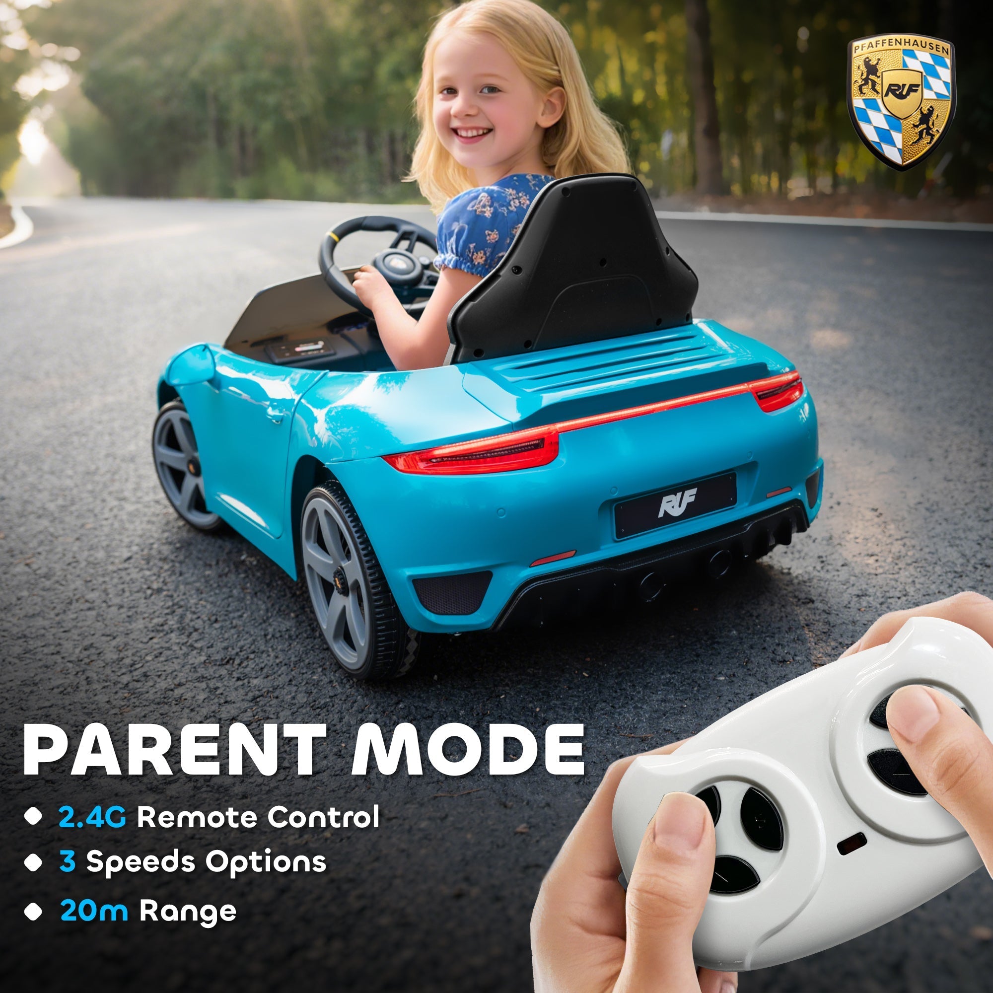 AIYAPLAY Kids Electric Car, 12V Licensed RUF GT Ride on Car with Suspension, Remote Control, Music, for 3-5 Years, Blue - SGP Garden Ltd
