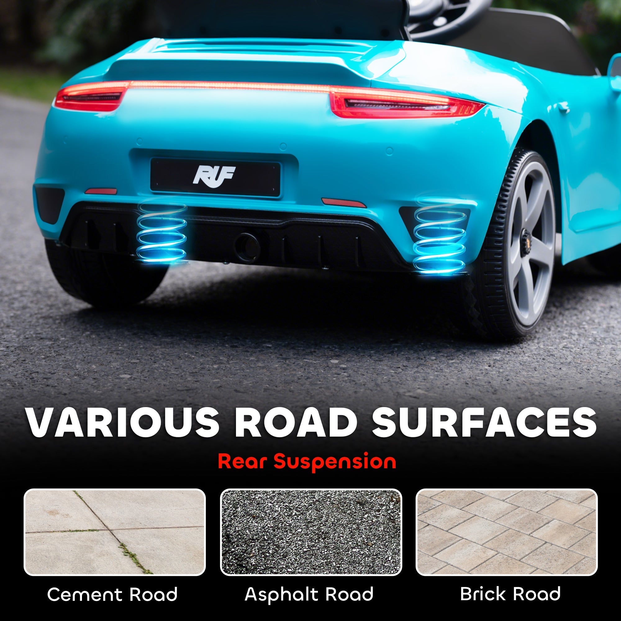 AIYAPLAY Kids Electric Car, 12V Licensed RUF GT Ride on Car with Suspension, Remote Control, Music, for 3-5 Years, Blue - SGP Garden Ltd
