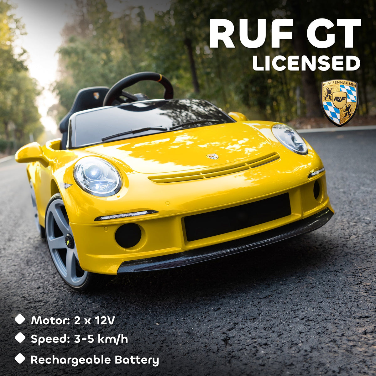 AIYAPLAY Kids Electric Car, 12V Licensed RUF GT Ride on Car with Suspension, Remote Control, Music for 3-5 Years Yellow - SGP Garden Ltd