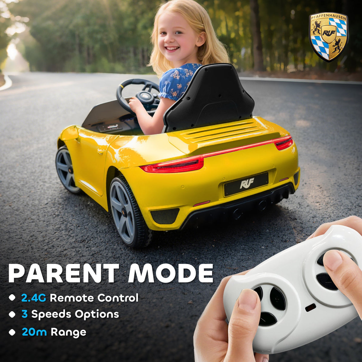 AIYAPLAY Kids Electric Car, 12V Licensed RUF GT Ride on Car with Suspension, Remote Control, Music for 3-5 Years Yellow - SGP Garden Ltd