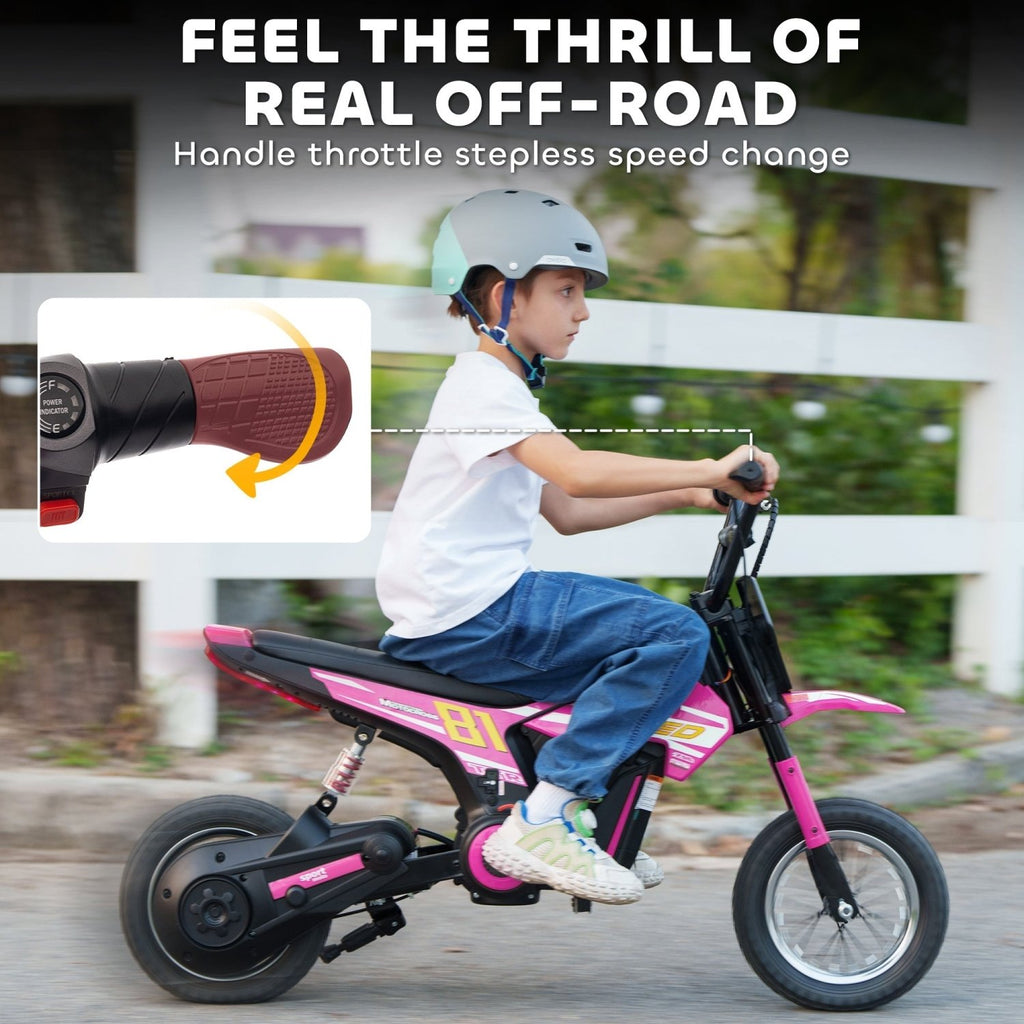 AIYAPLAY Kids Electric Motorbike, 24V Ride On Motorcycle with 3 Speeds and Rear Suspension, Dirt Bike for 8-12 Years Old, Pink - SGP Garden Ltd