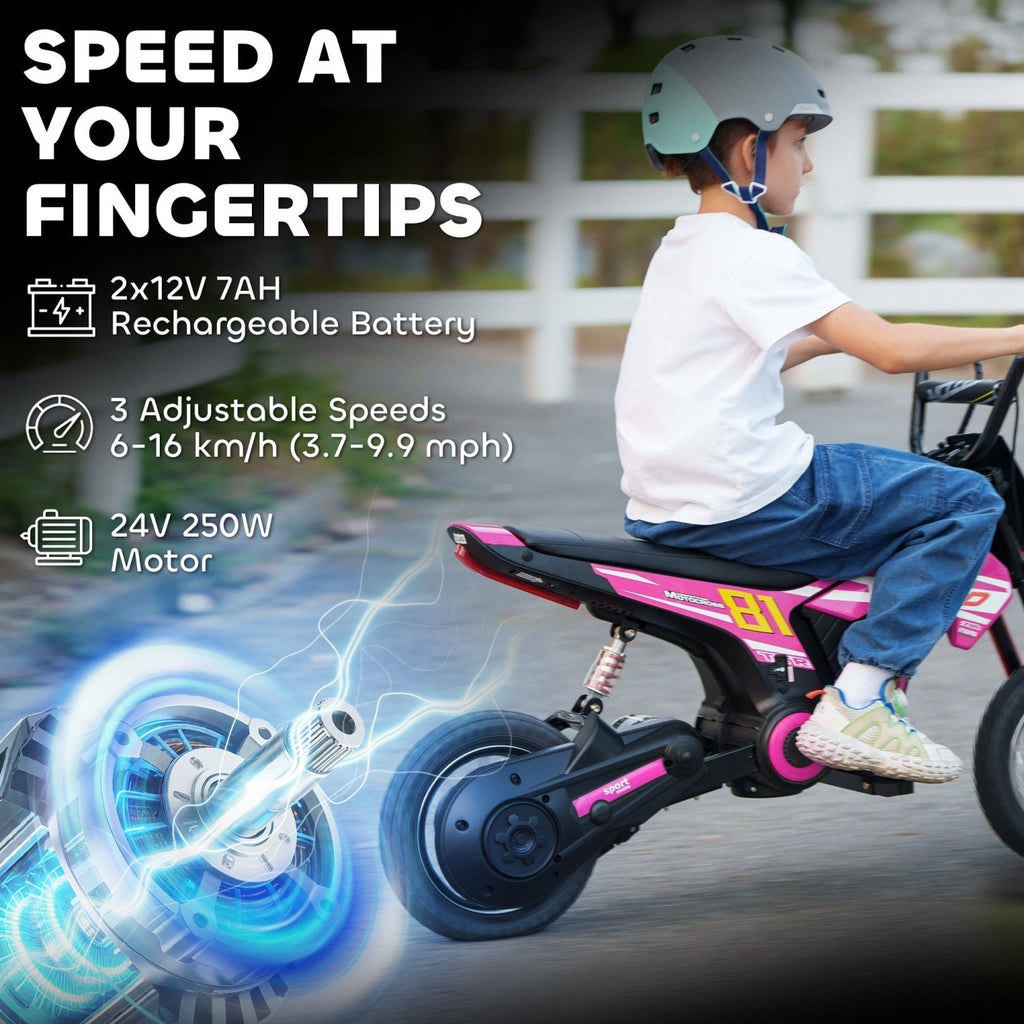 AIYAPLAY Kids Electric Motorbike, 24V Ride On Motorcycle with 3 Speeds and Rear Suspension, Dirt Bike for 8-12 Years Old, Pink - SGP Garden Ltd