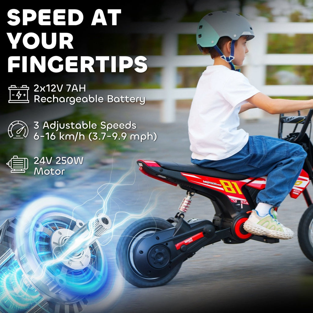 AIYAPLAY Kids Electric Motorbike, 24V Ride On Motorcycle with 3 Speeds and Rear Suspension, Dirt Bike for 8-12 Years Old, Red - SGP Garden Ltd