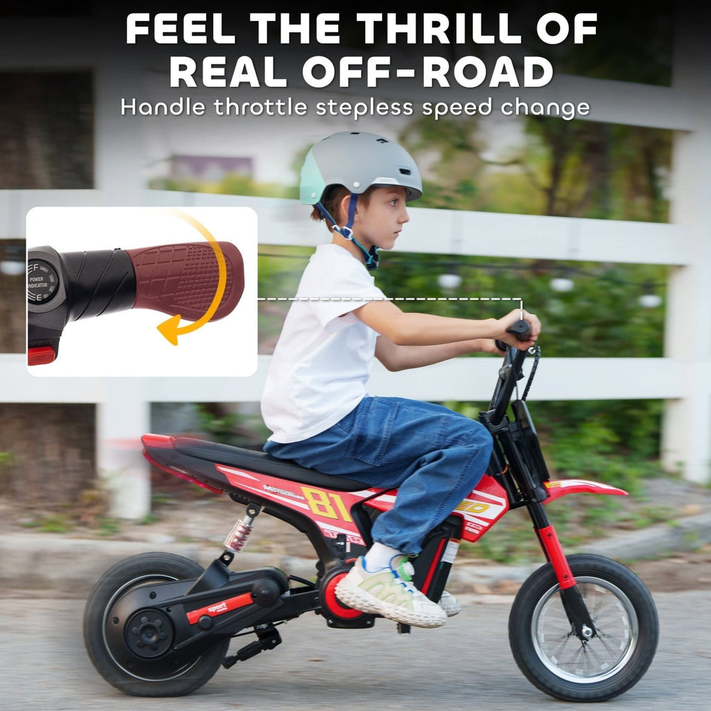 AIYAPLAY Kids Electric Motorbike, 24V Ride On Motorcycle with 3 Speeds and Rear Suspension, Dirt Bike for 8-12 Years Old, Red - SGP Garden Ltd