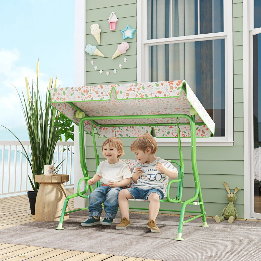 AIYAPLAY Kids Garden Swing Chair with Adjustable Canopy, Safety Belt, 2 Seater Hammock Swing Bench for Patio, Porch, Green - SGP Garden Ltd