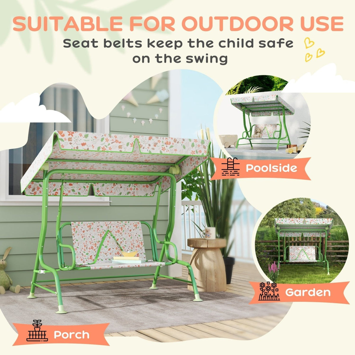 AIYAPLAY Kids Garden Swing Chair with Adjustable Canopy, Safety Belt, 2 Seater Hammock Swing Bench for Patio, Porch, Green - SGP Garden Ltd