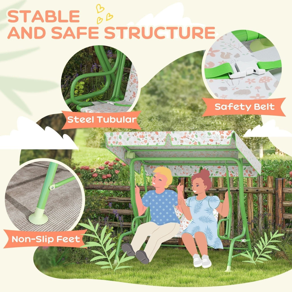 AIYAPLAY Kids Garden Swing Chair with Adjustable Canopy, Safety Belt, 2 Seater Hammock Swing Bench for Patio, Porch, Green - SGP Garden Ltd
