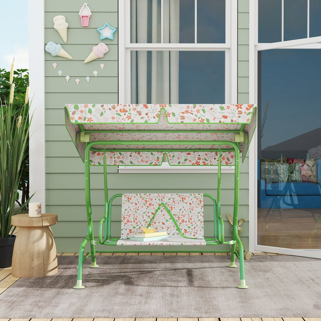 AIYAPLAY Kids Garden Swing Chair with Adjustable Canopy, Safety Belt, 2 Seater Hammock Swing Bench for Patio, Porch, Green - SGP Garden Ltd