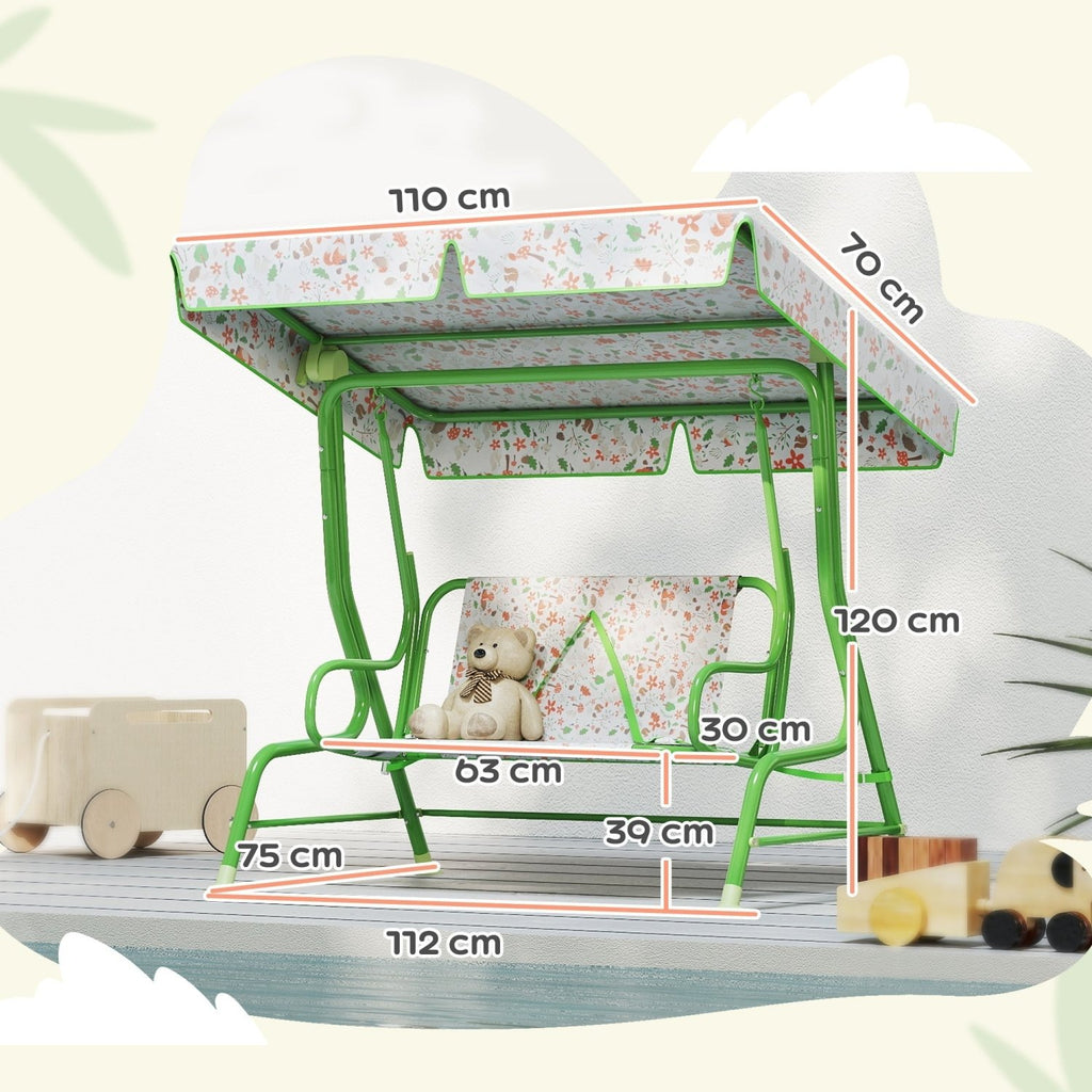 AIYAPLAY Kids Garden Swing Chair with Adjustable Canopy, Safety Belt, 2 Seater Hammock Swing Bench for Patio, Porch, Green - SGP Garden Ltd