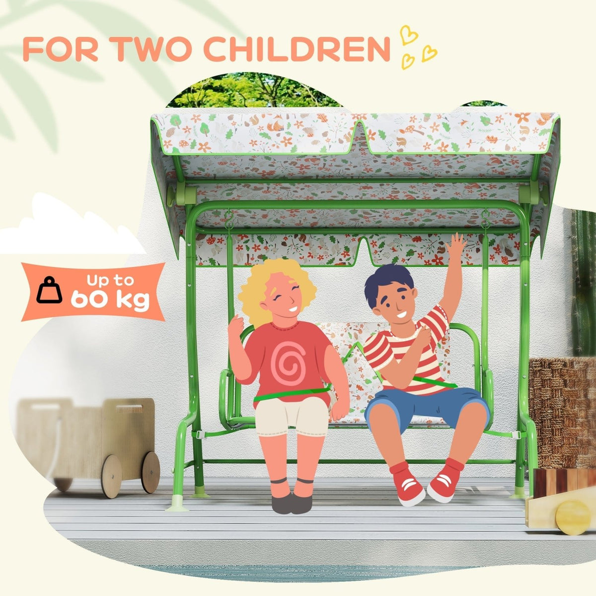 AIYAPLAY Kids Garden Swing Chair with Adjustable Canopy, Safety Belt, 2 Seater Hammock Swing Bench for Patio, Porch, Green - SGP Garden Ltd