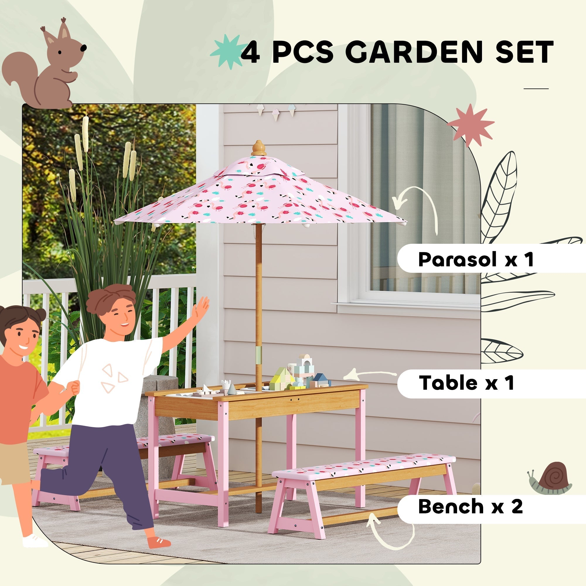 AIYAPLAY Kids Picnic Table Set with Removable & Foldable Umbrella, Cushions, Storage Boxes, Flamingo Theme, Pink - SGP Garden Ltd