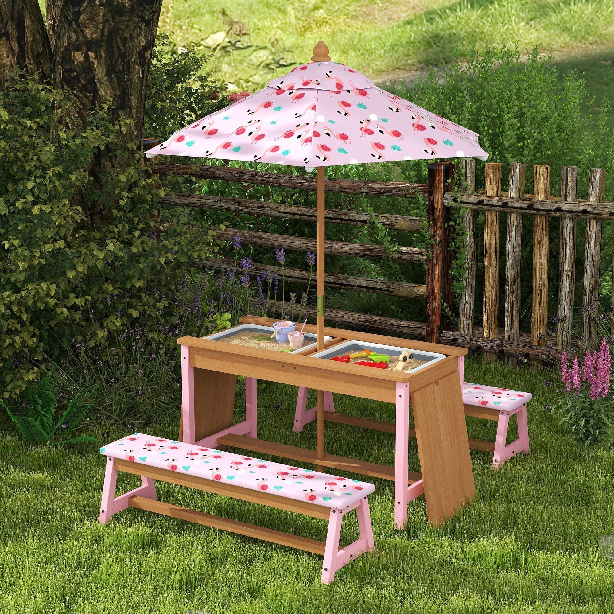 AIYAPLAY Kids Picnic Table Set with Removable & Foldable Umbrella, Cushions, Storage Boxes, Flamingo Theme, Pink - SGP Garden Ltd