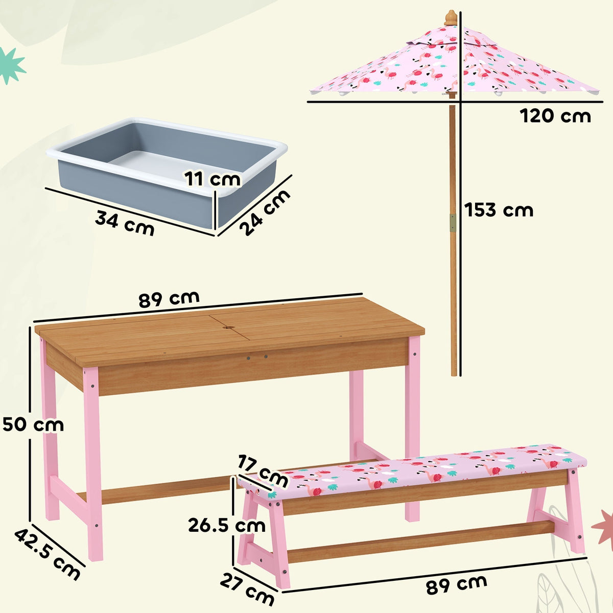 AIYAPLAY Kids Picnic Table Set with Removable & Foldable Umbrella, Cushions, Storage Boxes, Flamingo Theme, Pink - SGP Garden Ltd
