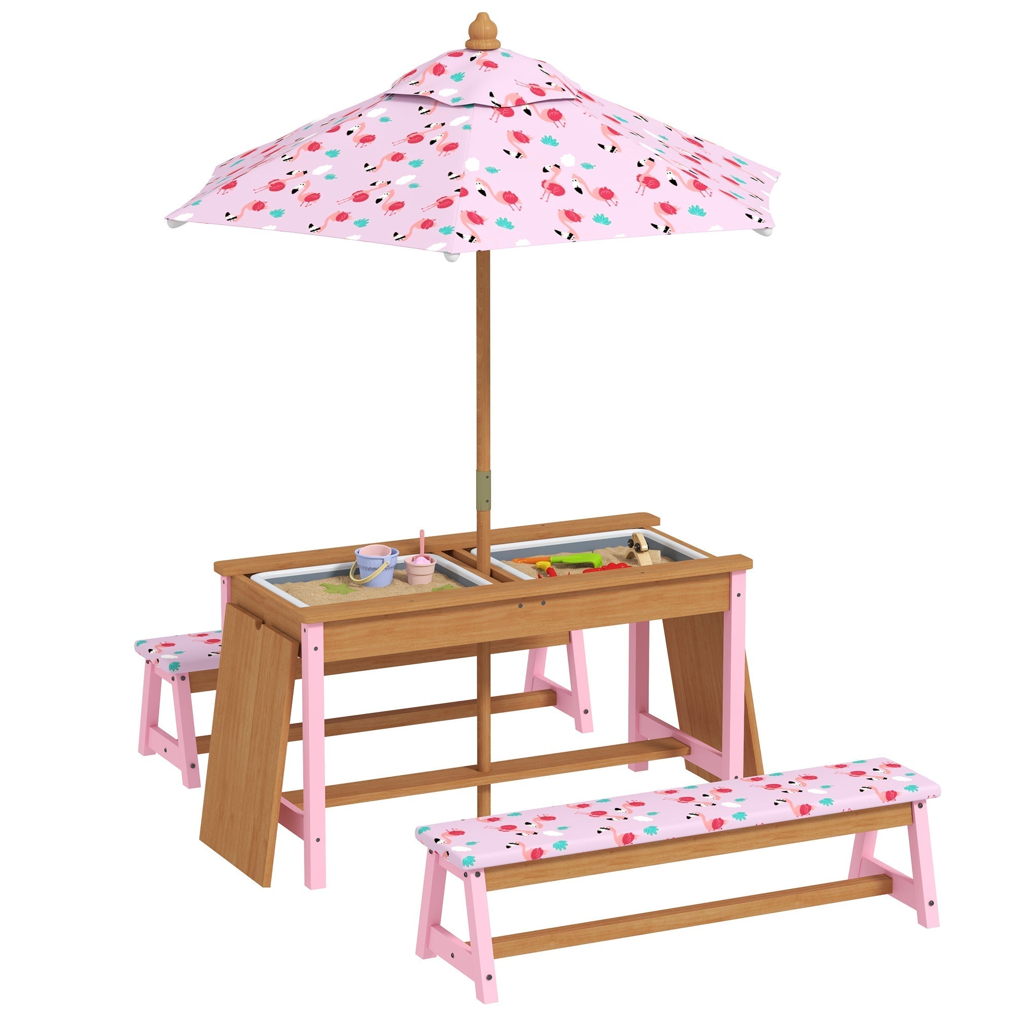 AIYAPLAY Kids Picnic Table Set with Removable & Foldable Umbrella, Cushions, Storage Boxes, Flamingo Theme, Pink - SGP Garden Ltd