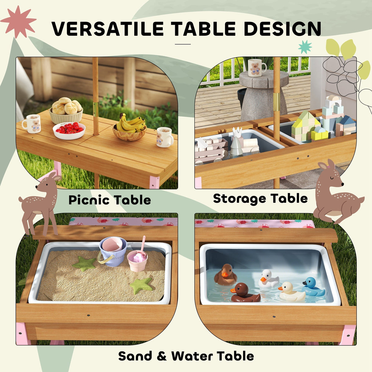 AIYAPLAY Kids Picnic Table Set with Removable & Foldable Umbrella, Cushions, Storage Boxes, Flamingo Theme, Pink - SGP Garden Ltd