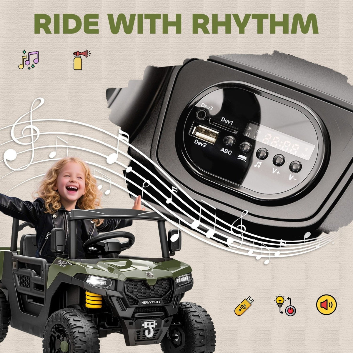 AIYAPLAY Kids Ride on Car, 12V Electric Kids UTV with Electric Dump Bed, 4-Wheel Suspension for 3-8 Years, Green - SGP Garden Ltd