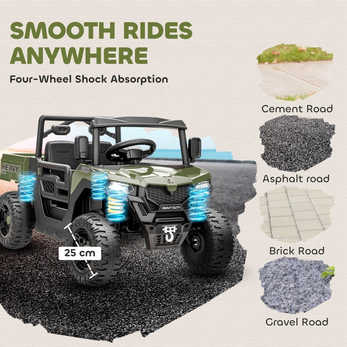 AIYAPLAY Kids Ride on Car, 12V Electric Kids UTV with Electric Dump Bed, 4-Wheel Suspension for 3-8 Years, Green - SGP Garden Ltd