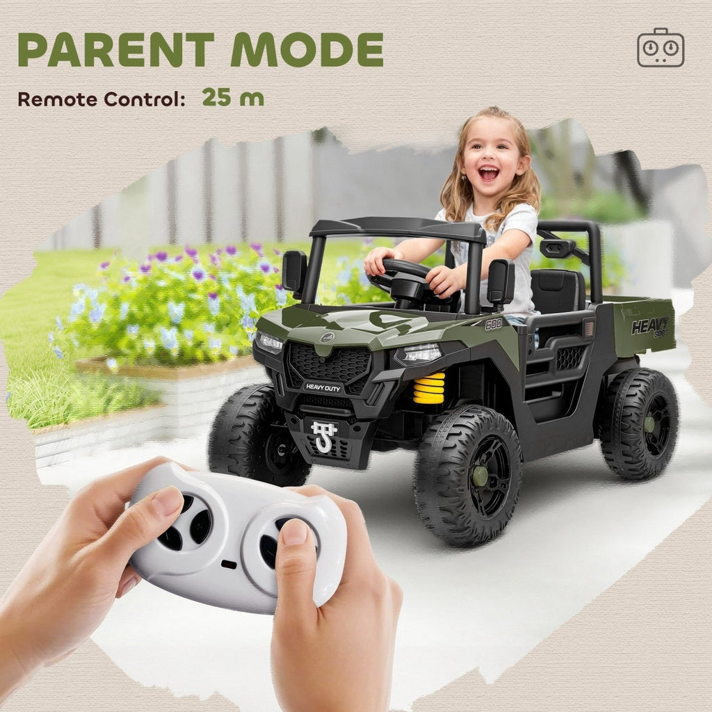 AIYAPLAY Kids Ride on Car, 12V Electric Kids UTV with Electric Dump Bed, 4-Wheel Suspension for 3-8 Years, Green - SGP Garden Ltd
