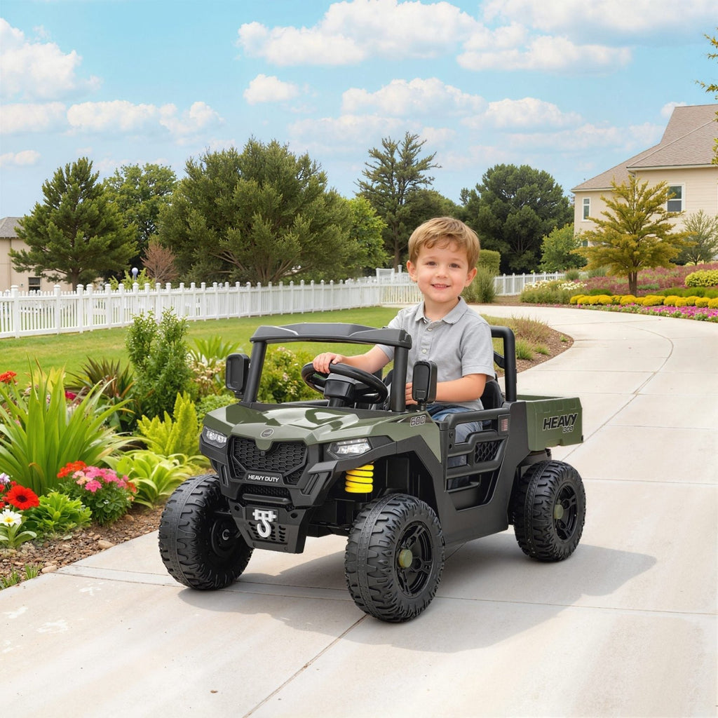 AIYAPLAY Kids Ride on Car, 12V Electric Kids UTV with Electric Dump Bed, 4-Wheel Suspension for 3-8 Years, Green - SGP Garden Ltd