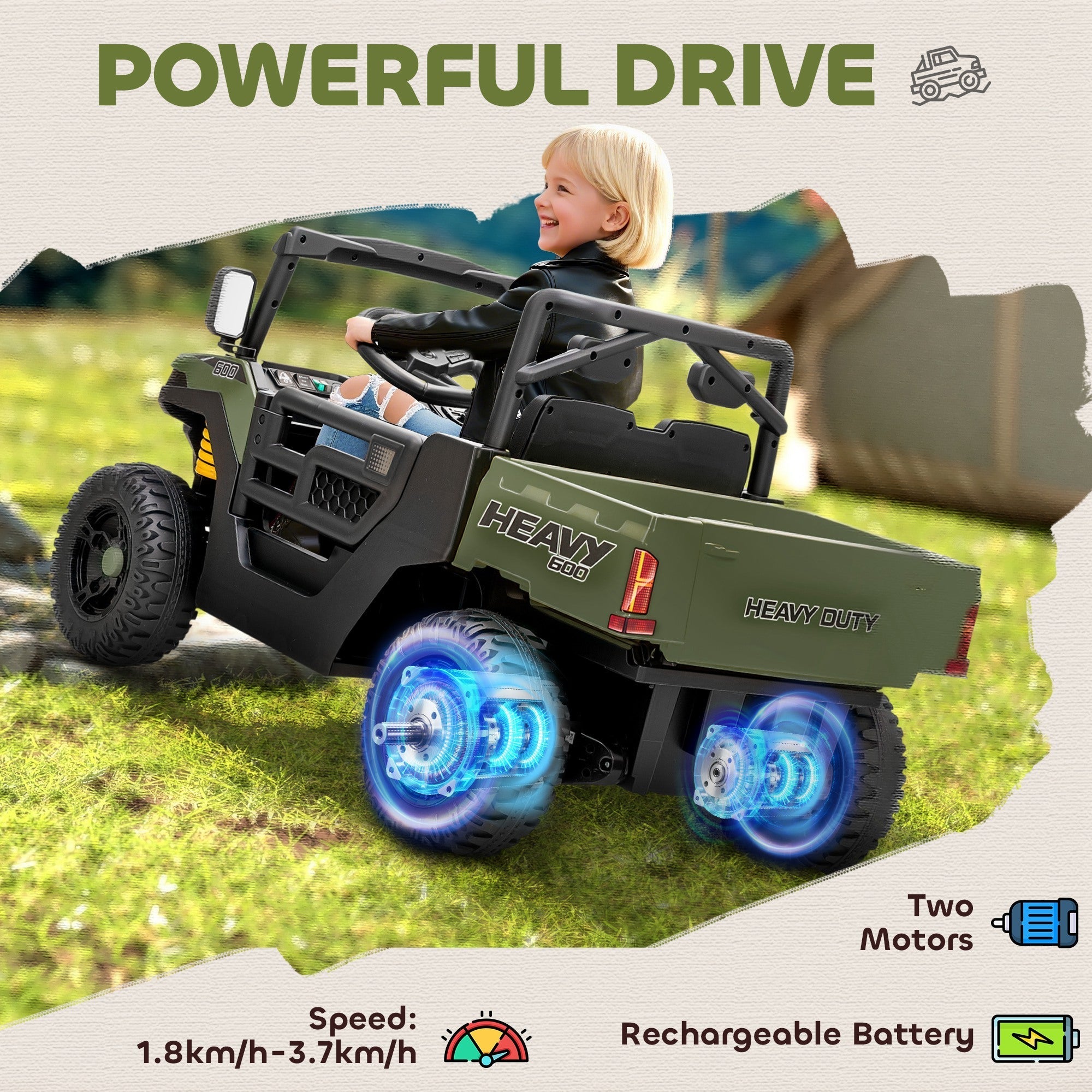 AIYAPLAY Kids Ride on Car, 12V Electric Kids UTV with Electric Dump Bed, 4-Wheel Suspension for 3-8 Years, Green - SGP Garden Ltd