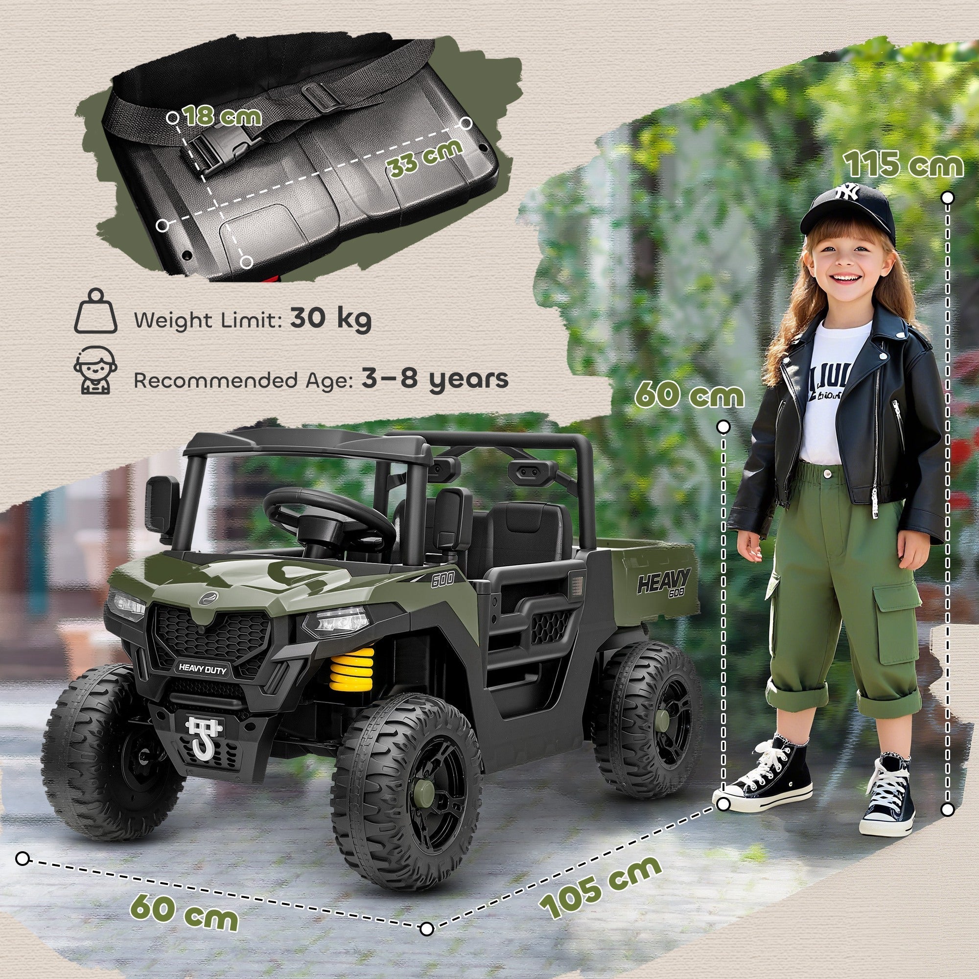 AIYAPLAY Kids Ride on Car, 12V Electric Kids UTV with Electric Dump Bed, 4-Wheel Suspension for 3-8 Years, Green - SGP Garden Ltd