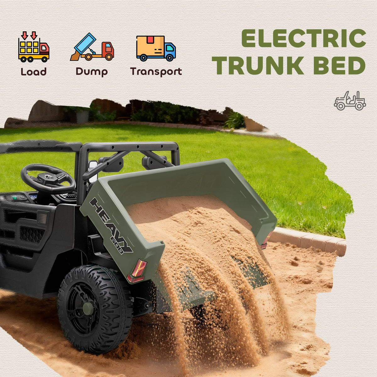 AIYAPLAY Kids Ride on Car, 12V Electric Kids UTV with Electric Dump Bed, 4-Wheel Suspension for 3-8 Years, Green - SGP Garden Ltd