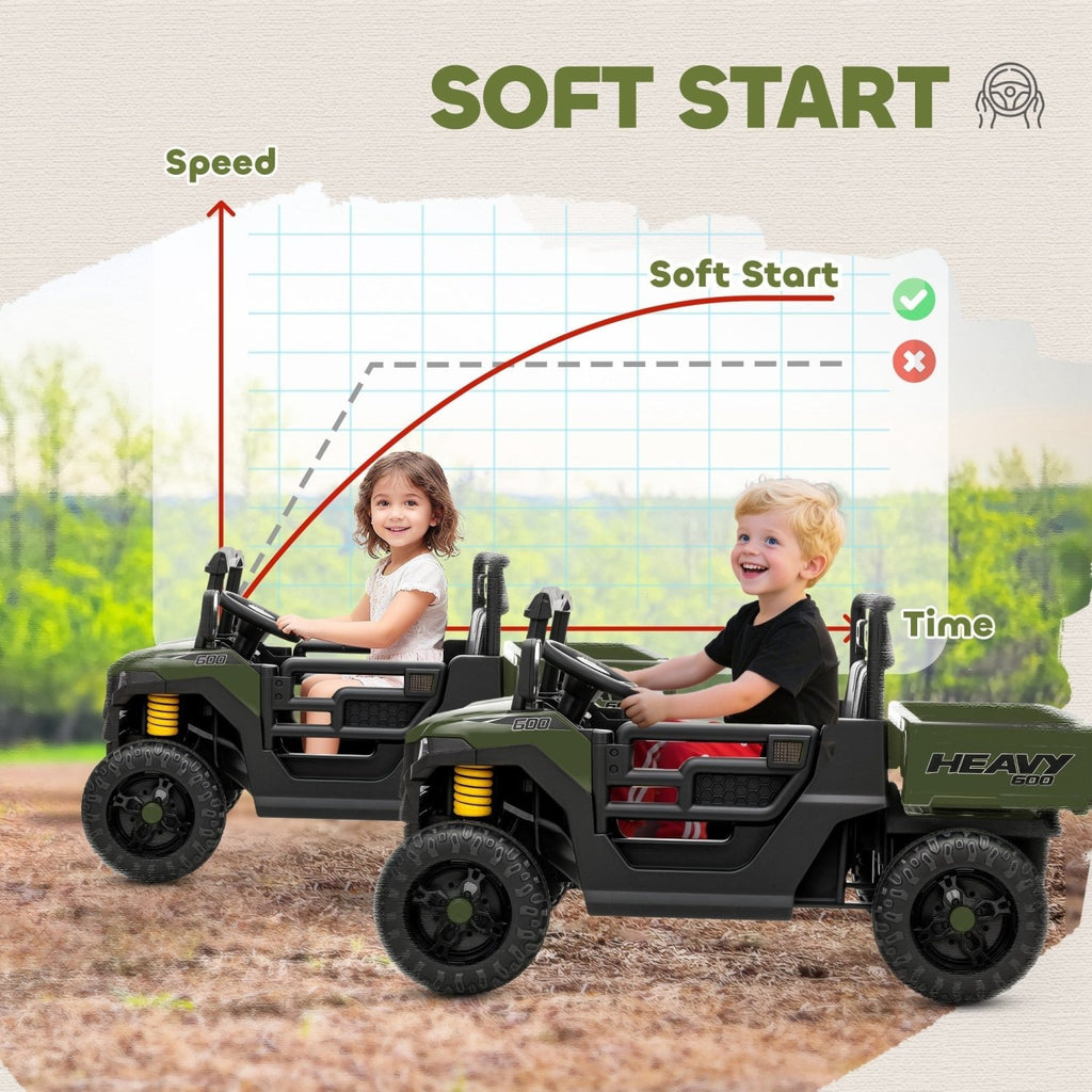 AIYAPLAY Kids Ride on Car, 12V Electric Kids UTV with Electric Dump Bed, 4-Wheel Suspension for 3-8 Years, Green - SGP Garden Ltd