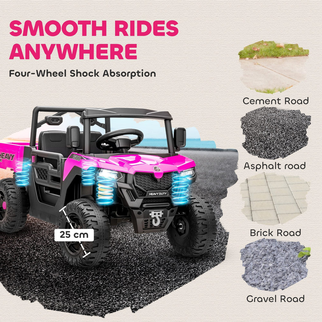 AIYAPLAY Kids Ride on Car, 12V Electric Kids UTV with Electric Dump Bed, 4-Wheel Suspension for 3-8 Years, Pink - SGP Garden Ltd