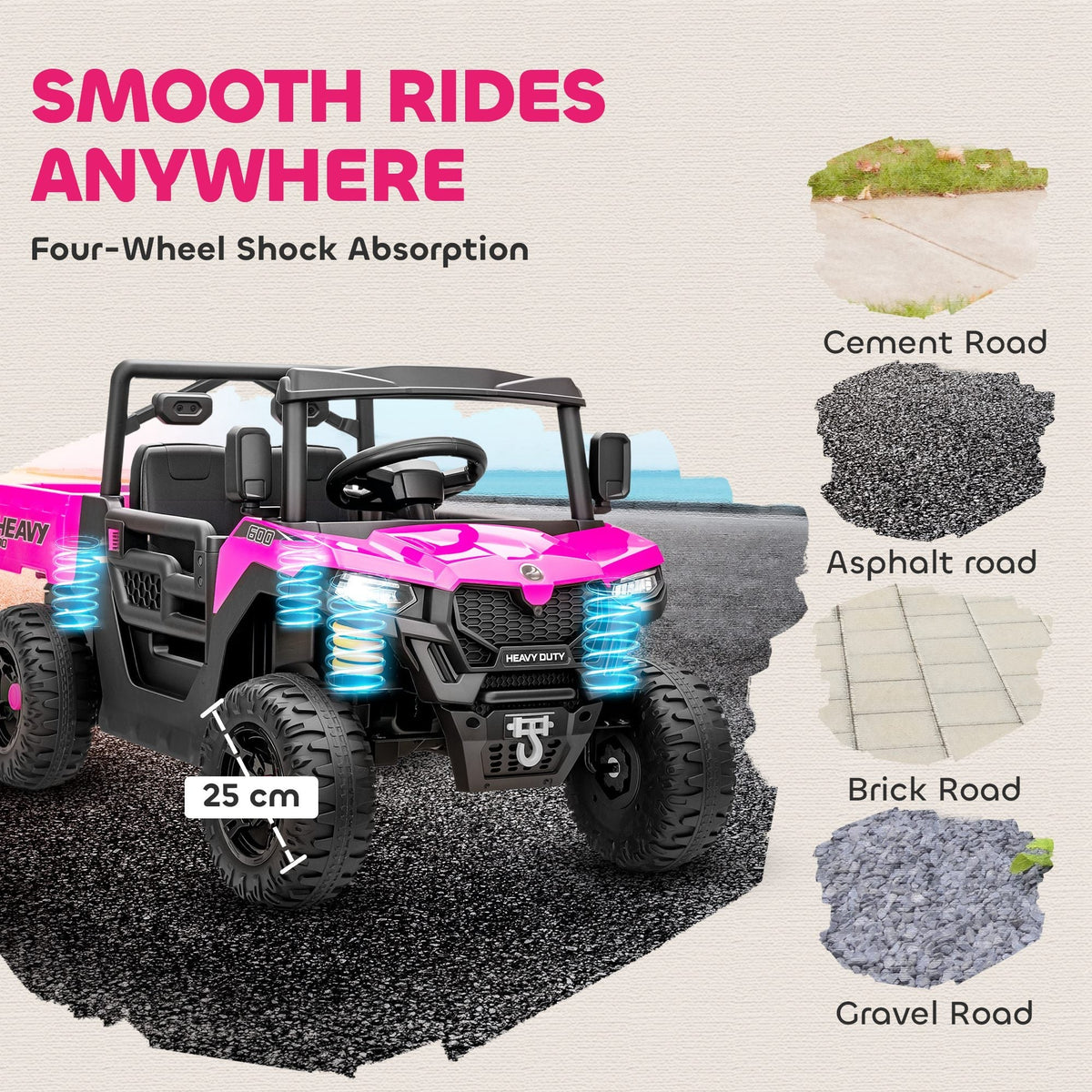 AIYAPLAY Kids Ride on Car, 12V Electric Kids UTV with Electric Dump Bed, 4-Wheel Suspension for 3-8 Years, Pink - SGP Garden Ltd