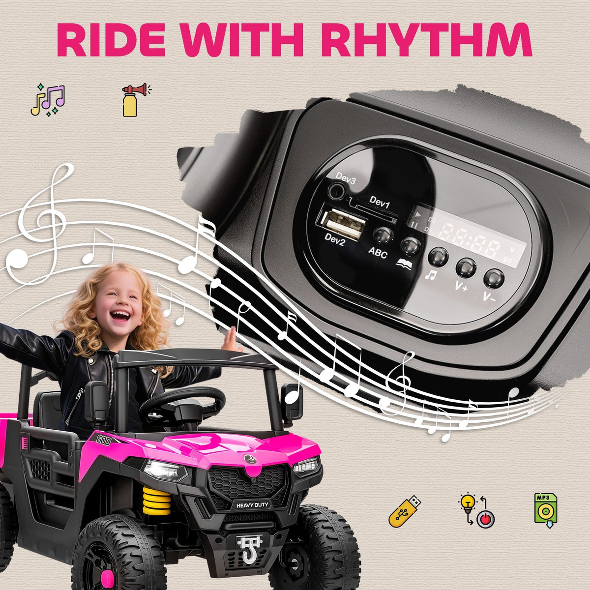 AIYAPLAY Kids Ride on Car, 12V Electric Kids UTV with Electric Dump Bed, 4-Wheel Suspension for 3-8 Years, Pink - SGP Garden Ltd