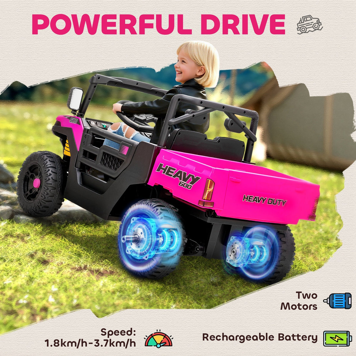 AIYAPLAY Kids Ride on Car, 12V Electric Kids UTV with Electric Dump Bed, 4-Wheel Suspension for 3-8 Years, Pink - SGP Garden Ltd